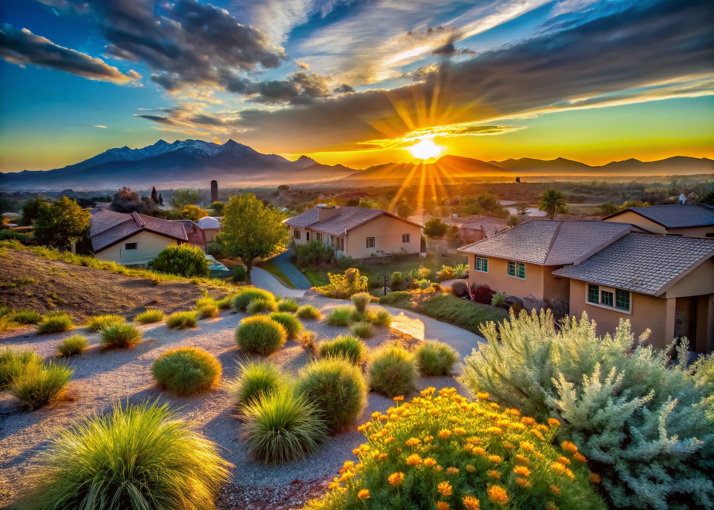 Scenic Arizona neighborhood at sunrise with residential homes
