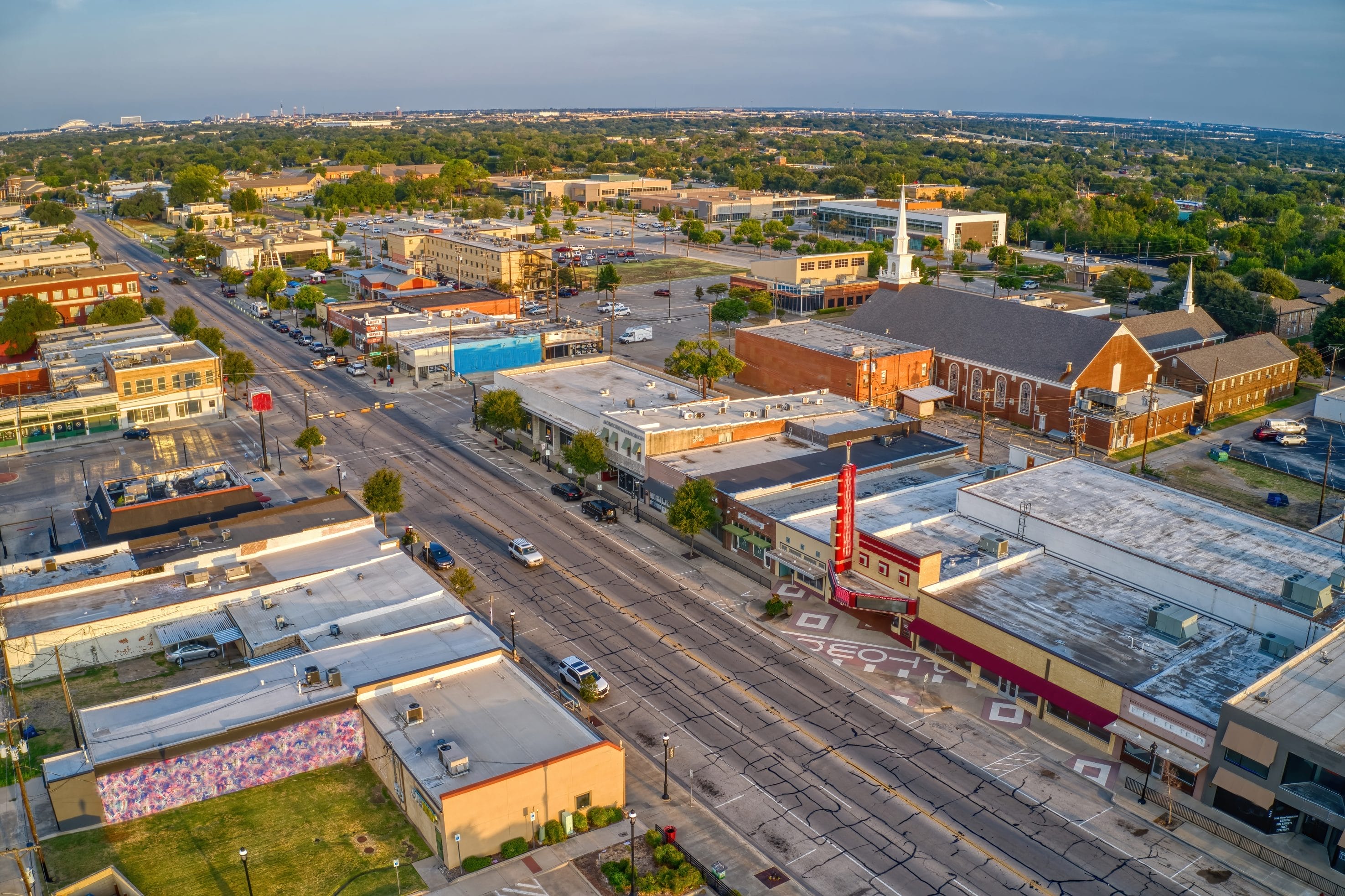 Aerial View of Commercial Buildings for Radon Testing

