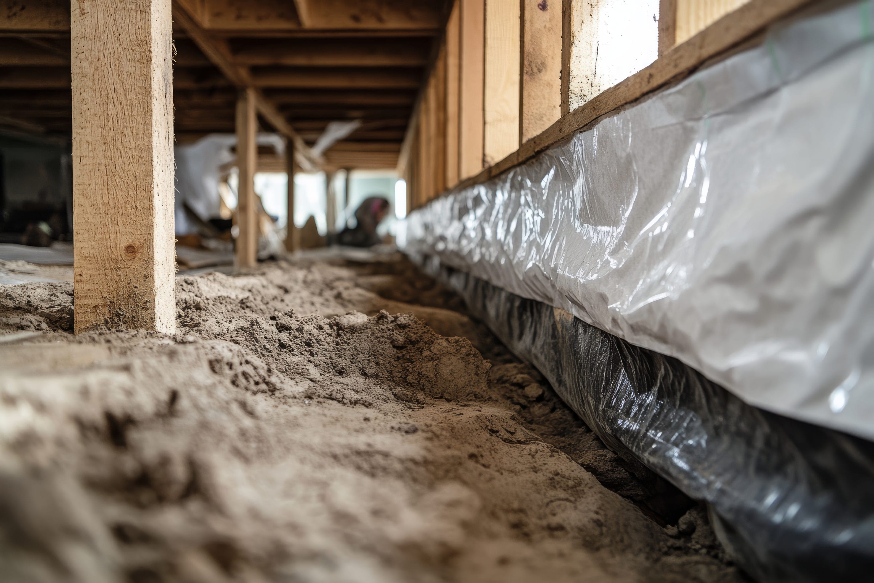 Crawlspace with vapor barrier installation to prevent vapor intrusion

