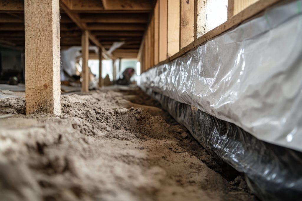 Crawl space with vapor barrier installation to prevent vapor intrusion
