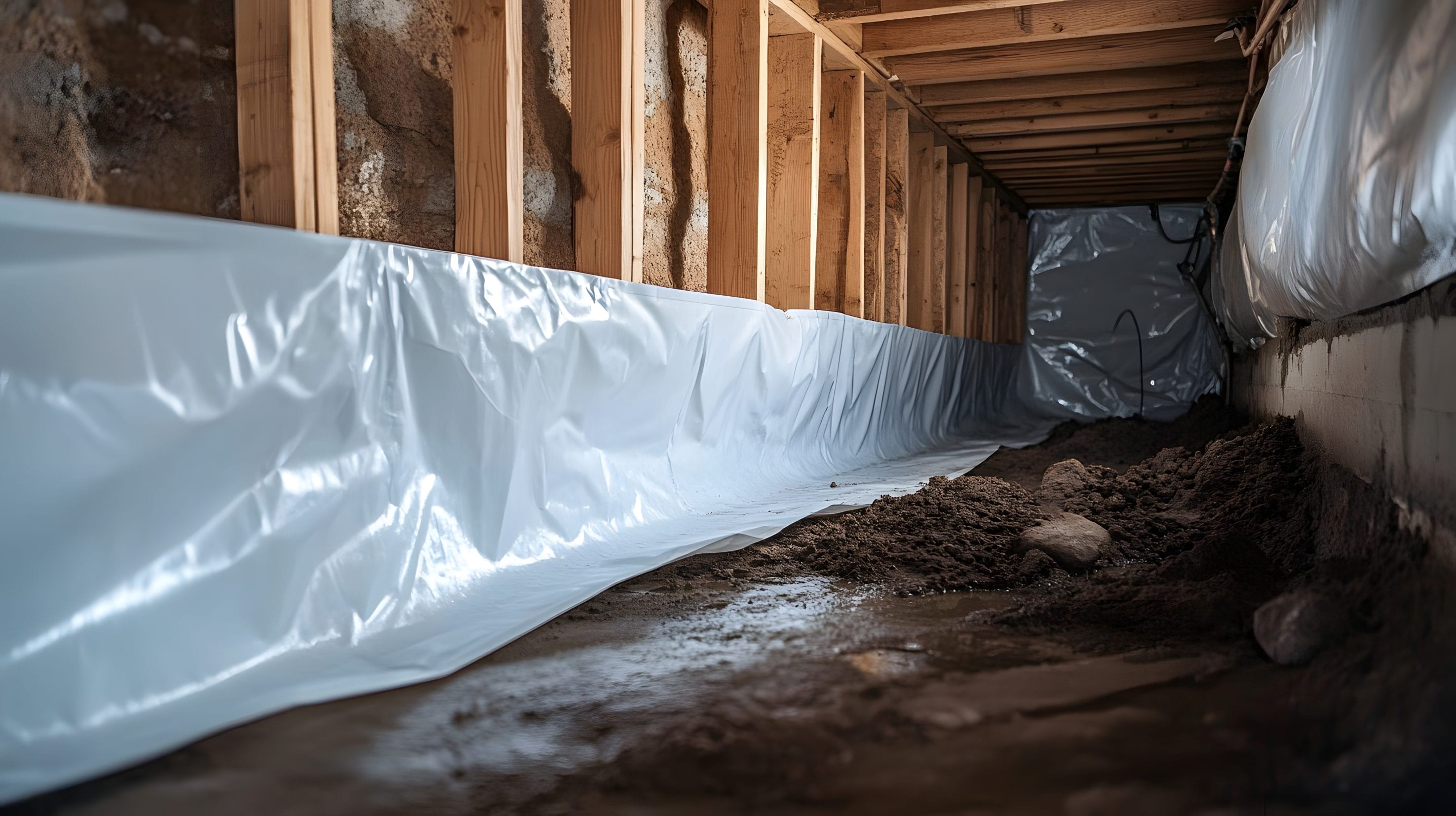Crawl space with vapor barrier installation to prevent vapor intrusion
