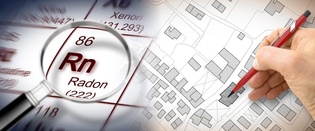 Radon Services Illustration with Periodic Table and Building Plans
