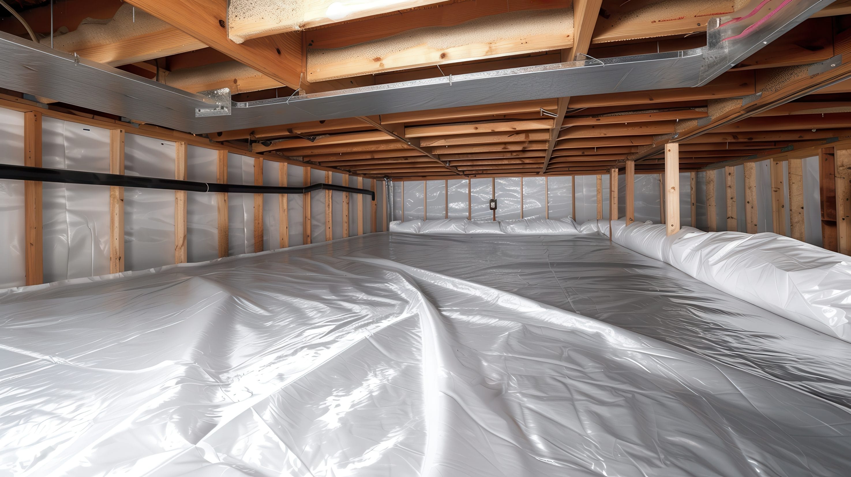 Crawlspace encapsulation with white vapor barrier in Southwest Colorado
