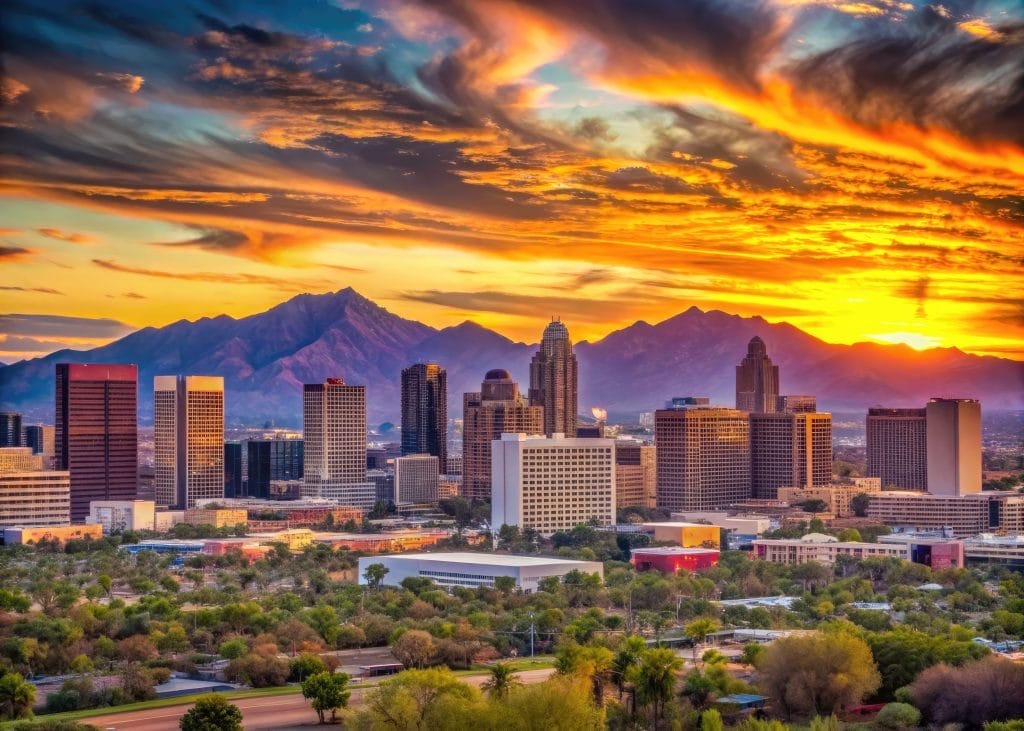 Phoenix Arizona Skyline at Sunset Highlighting Radon Commercial Services
