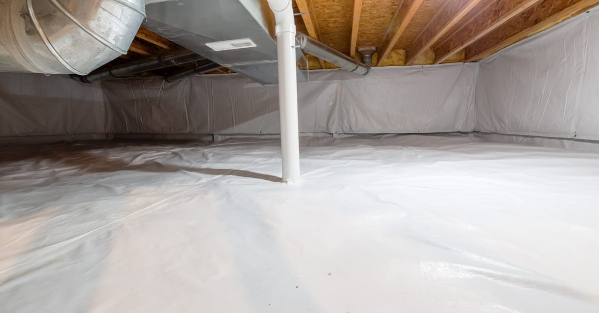 A crawlspace is encapsulated with a plastic vapor barrier. A radon venting pipe passes through the ground barrier.