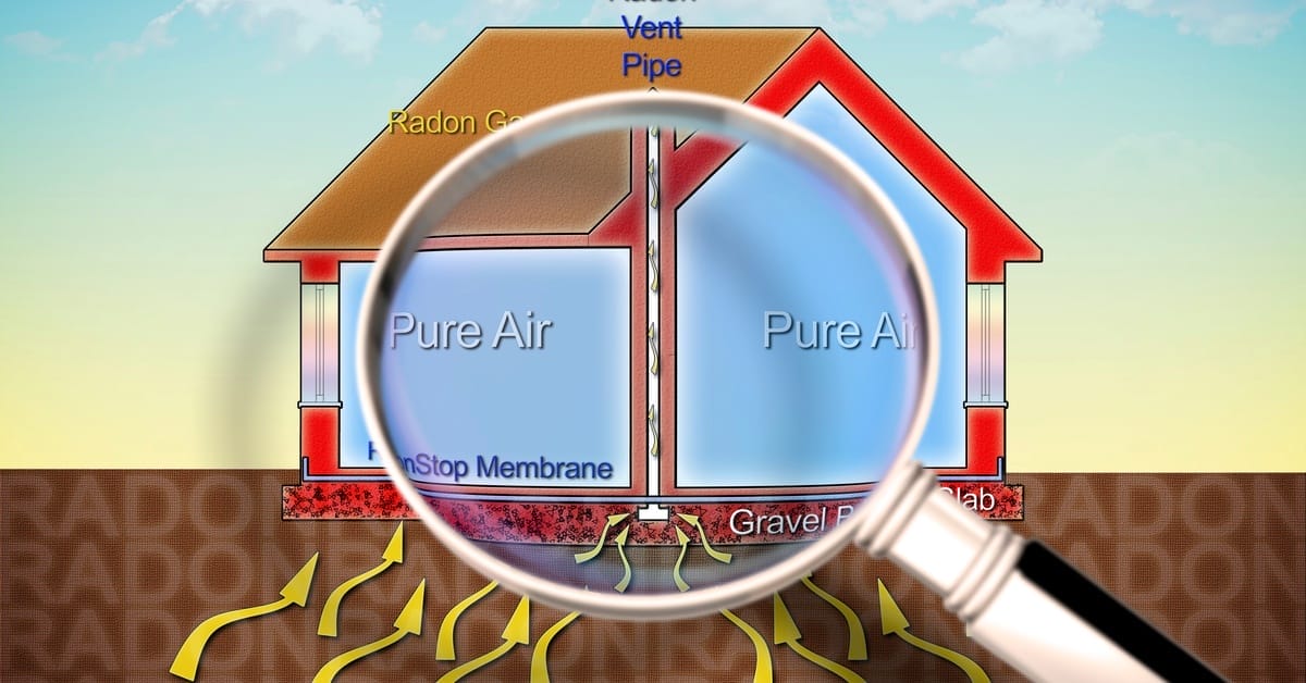 A cross-section of a house shows radon gas rising from the soil, entering a vent pipe, and exiting above the roof.